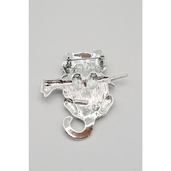 AJC Vintage Cat Pin Brooch Brushed Silver Cute Hanging Tree Branch Signed Bin8 - Picture 9 of 10